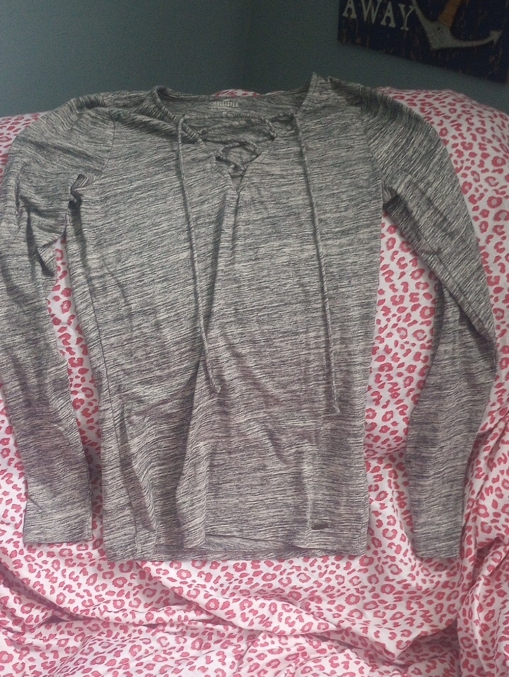 Hollister Heather Gray Lace-Up V-Neck Long Sleeve